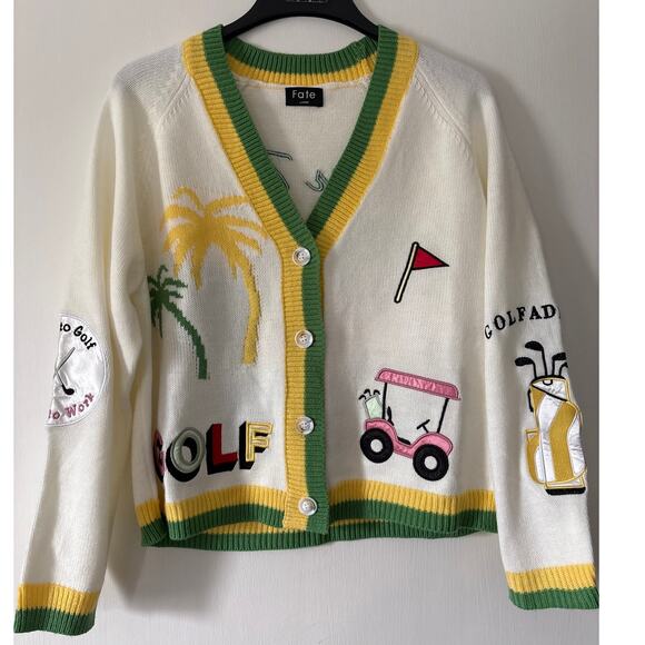 Fate Sweaters - Fate Golf Theme Embroidered Cardigan Sweater Size Large EUC